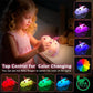 Child playing with a color-changing dragon night light, surrounded by images of different color options.
