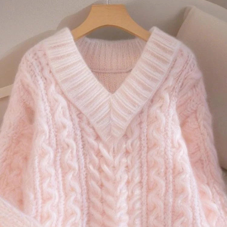 Pastel Pink Knit V-Neck Sweater