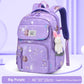 Purple backpack with star pattern and bunny plushie on a light purple background