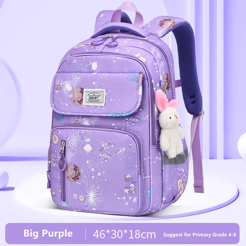 Purple backpack with star pattern and bunny plushie on a light purple background