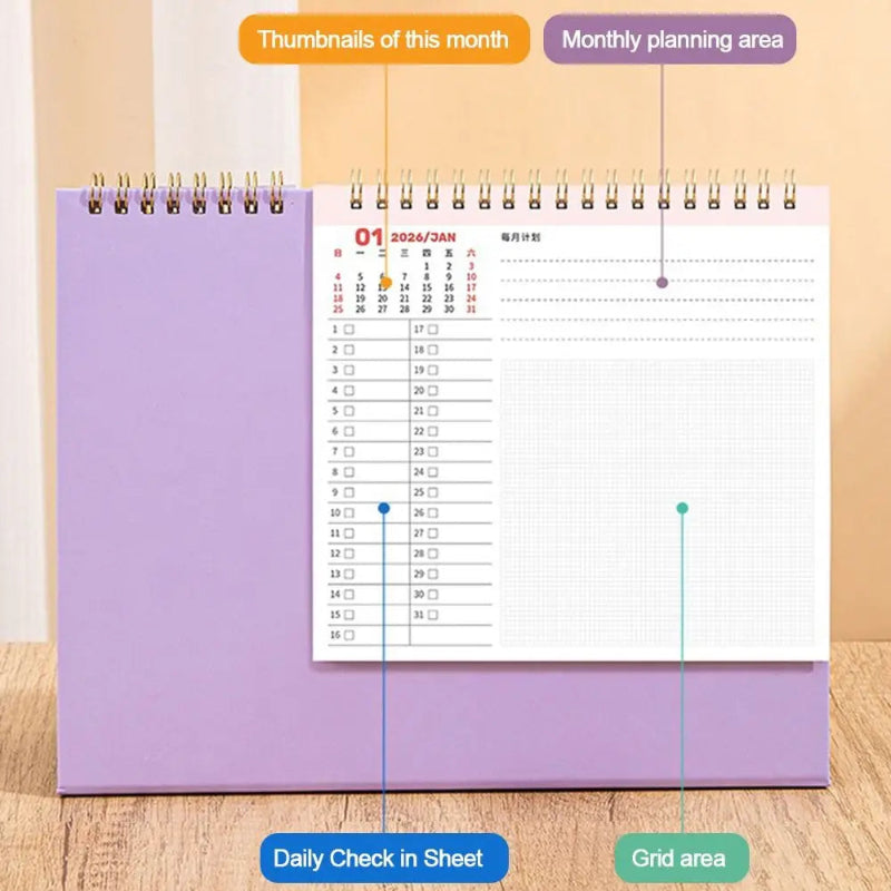 2026 Desktop Calendar With Sticky Notes displaying the thumbnail, monthly planning, daily check sheet and grid area options 