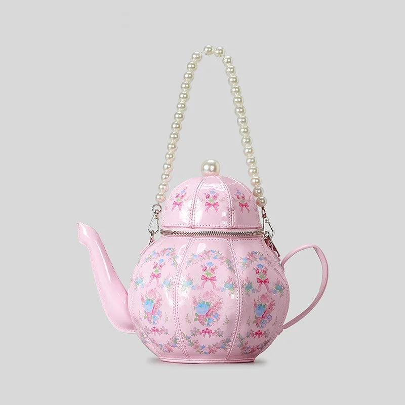 kawaii pink tea party bag on white background with pearl beaded handle