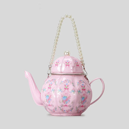 kawaii pink tea party bag on white background with pearl beaded handle