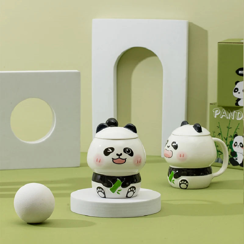 Ceramic Panda Mugs With Lid & Spoon