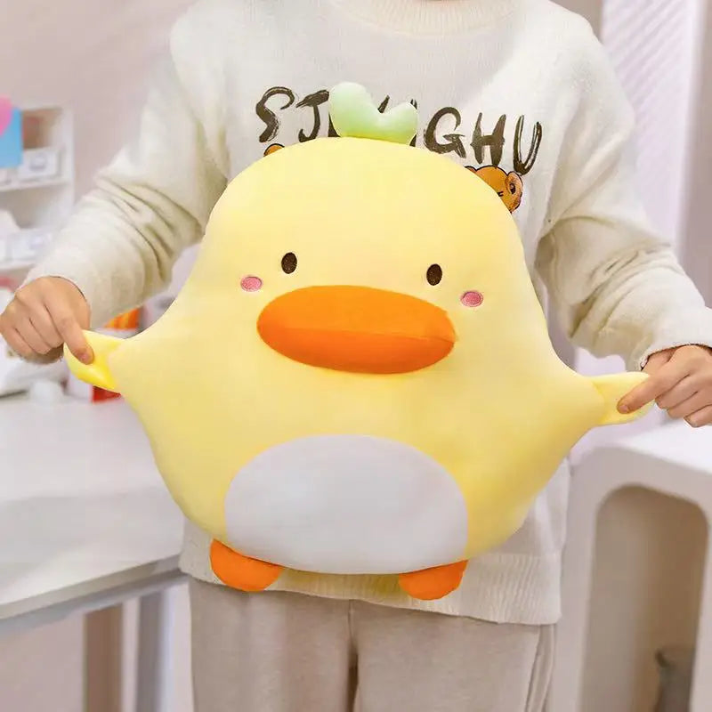 A women stretching a Kawaii Derpy Duck Plushie