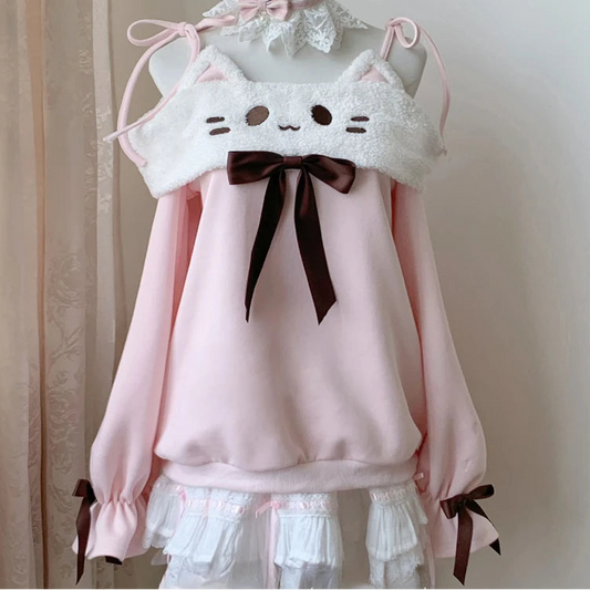 cute pink and white blouse with a kawaii cat design