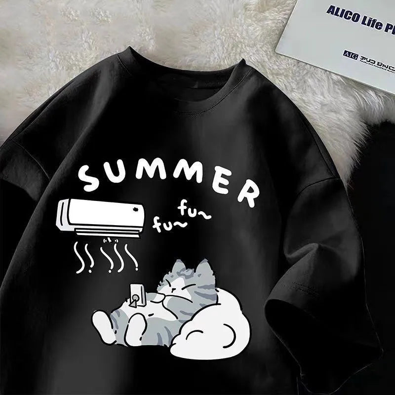 Black t shirt with a graphic of a cat relaxing under an air conditioner and text 'Summer fu~fu~' on a textured surface.