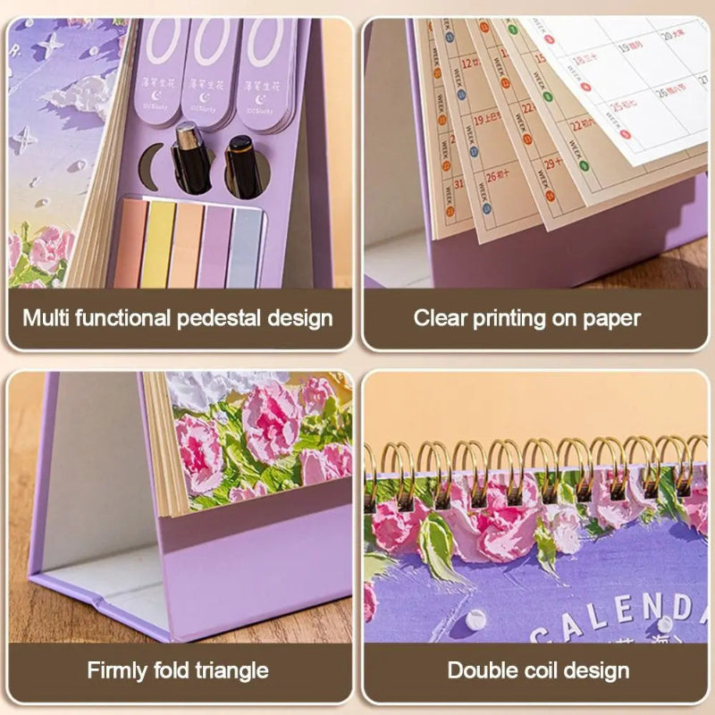 2026 Desktop Calendar With Sticky Notes displaying the multi functional pedestal design, clear print on paper, the triangle fold, and double coiled design
