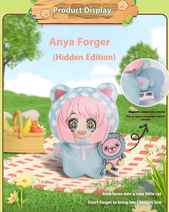 Plush toy with pink hair and cat ears on a picnic blanket with a scenic background