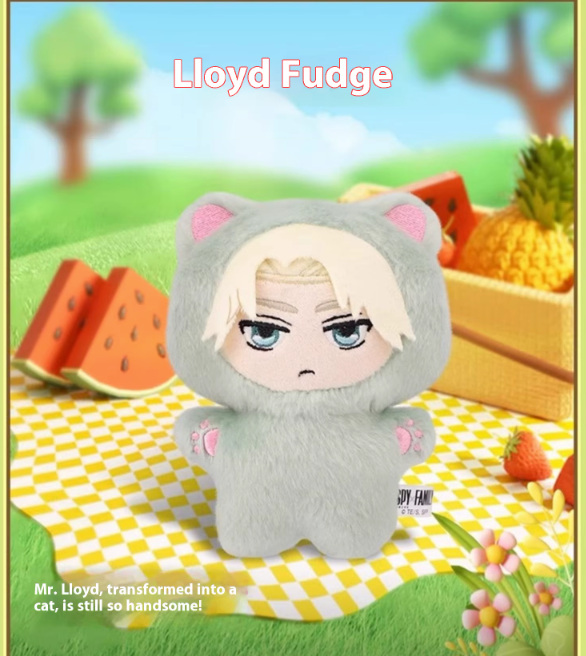 Plush toy resembling a character named Lloyd Fudge in a cat costume with a picnic setting.