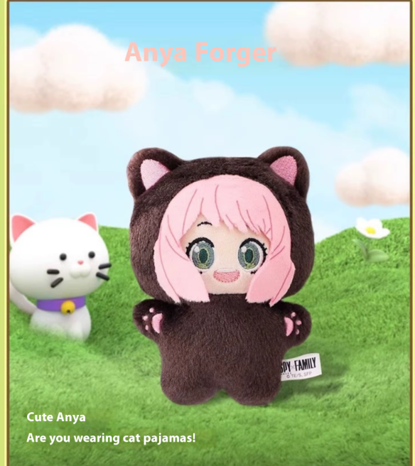 Plush toy of a character with cat ears and paws, standing on grass with a blue sky background.