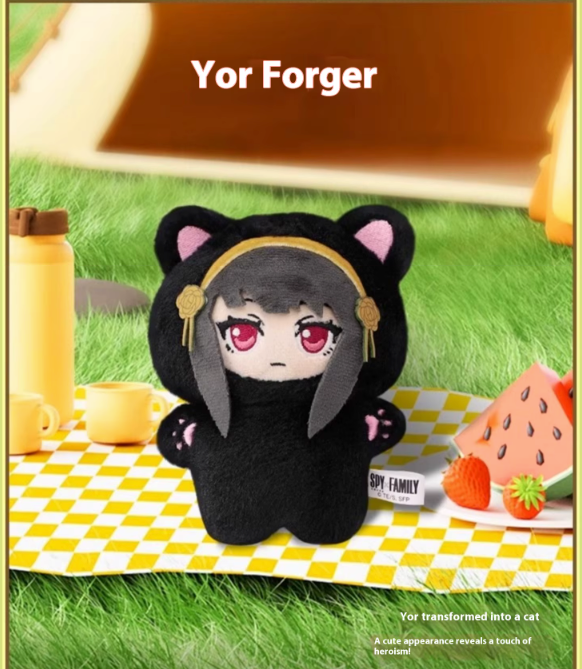 Plush toy resembling a character named Yor Forger on a picnic blanket with food and drinks.