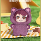Plush toy with purple hoodie and cat ears on a picnic blanket with 'Becky Blackbell' text.