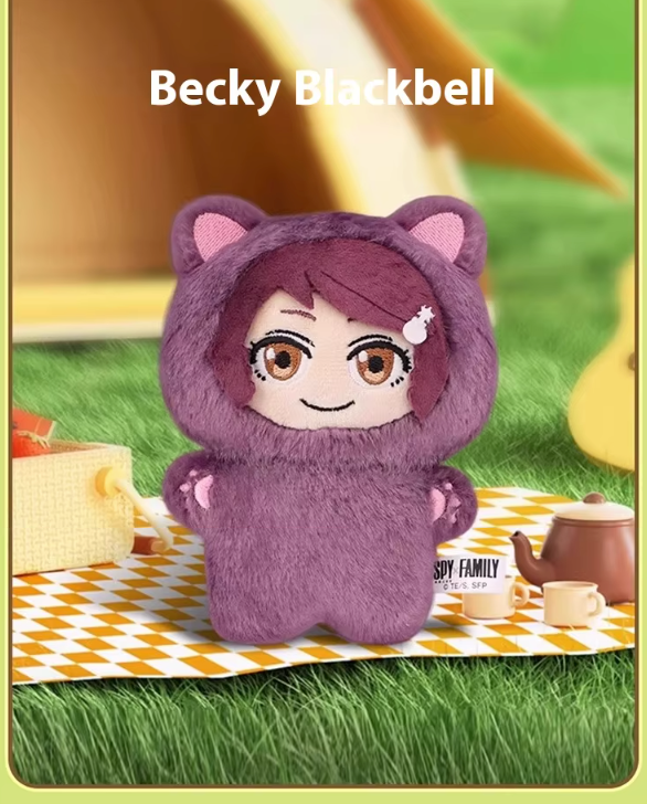 Plush toy with purple hoodie and cat ears on a picnic blanket with 'Becky Blackbell' text.