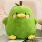 Front view of Kawaii  Cute Duck Peak Plushie in green on a sitting area  