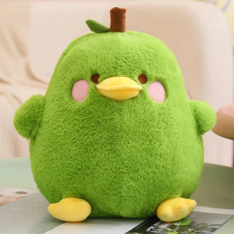 Front view of Kawaii  Cute Duck Peak Plushie in green on a sitting area  