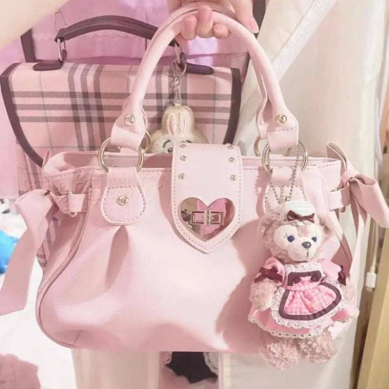 Front View of Kawaii Sweet Heart Lock Bag  in Pink held by a woman