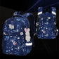 Two blue backpacks with reflective strips on a dark background
