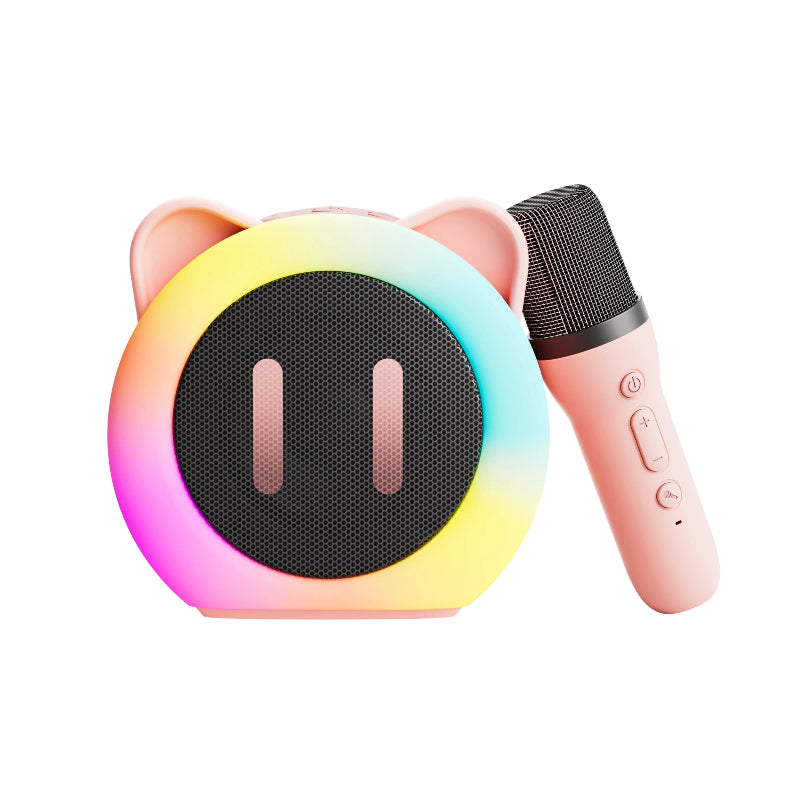 Cute Cat Mini Karaoke Speaker pink edition with a pink microphone next to it on a white background