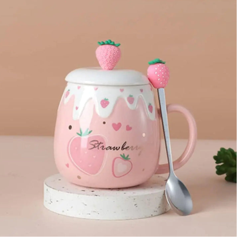 Kawaii Pink Strawberry Mug Set on a countertop with a spoon 