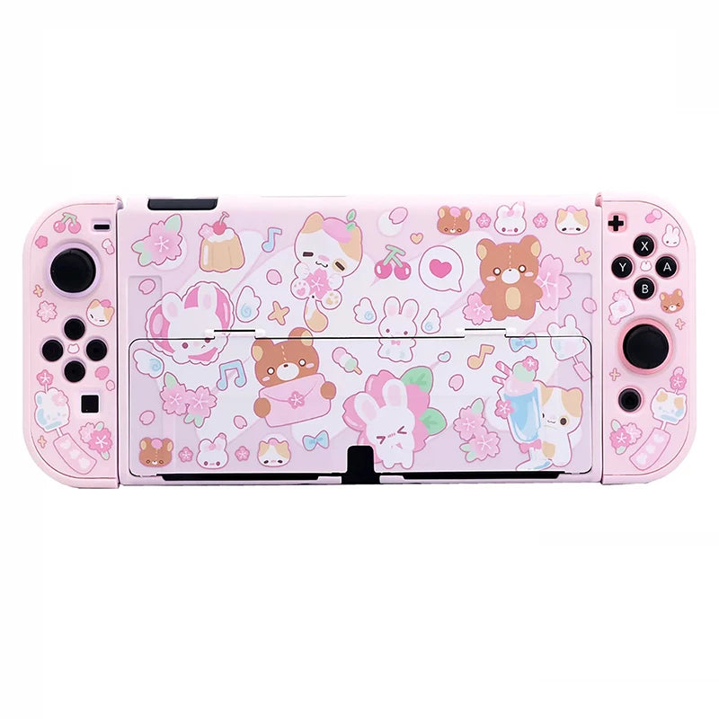Pink gaming console with cartoon character design on a white background
