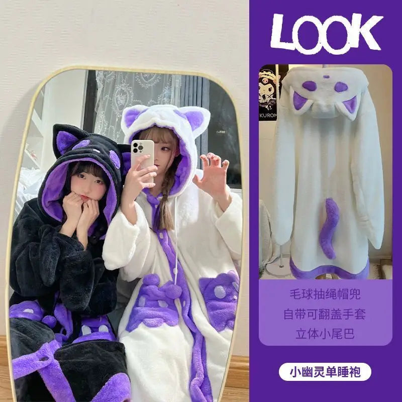 A plush animal-themed hooded robe shown in a mirror selfie and as a product inset. The main product appears to be a white robe with purple cat-ear trim, purple paw-print details, and a purple tail.