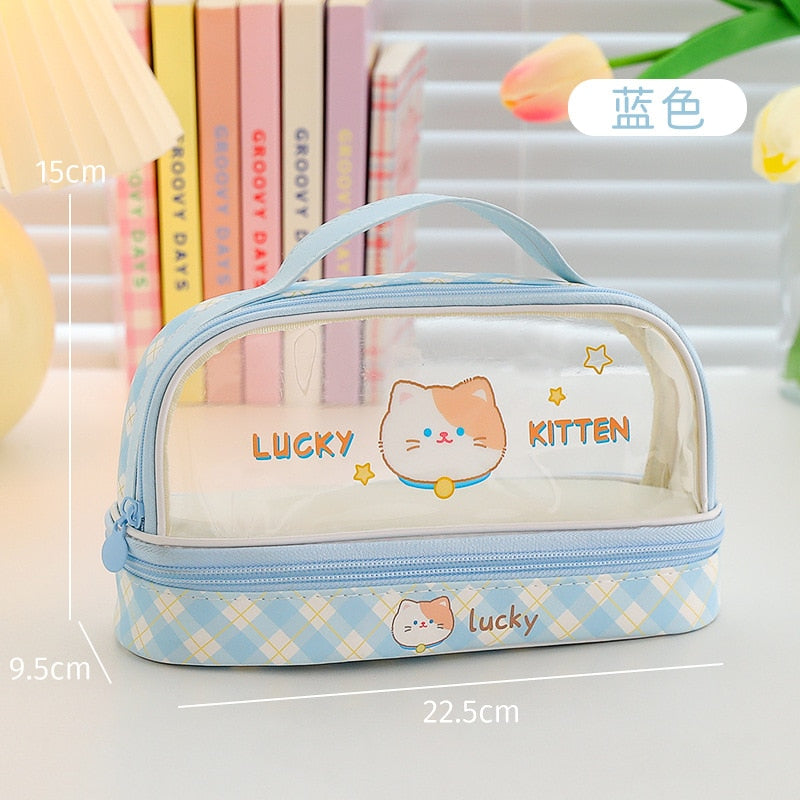Kawaii Cat Double-Layer Transparent Pencil Bag