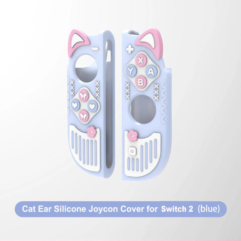 Cat ear silicone Joycon cover for Switch 2 in blue on a light gray background