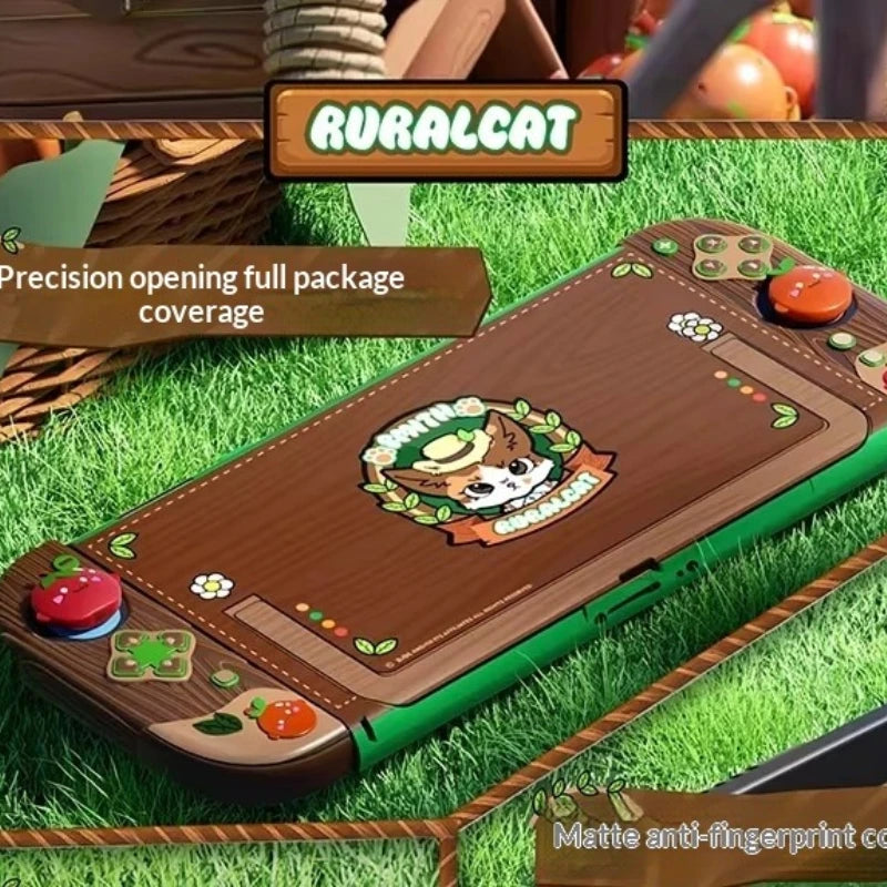 Kawaii Nintendo Switch case with a cat design on a grassy background, featuring the brand 'Ruralcat'.
