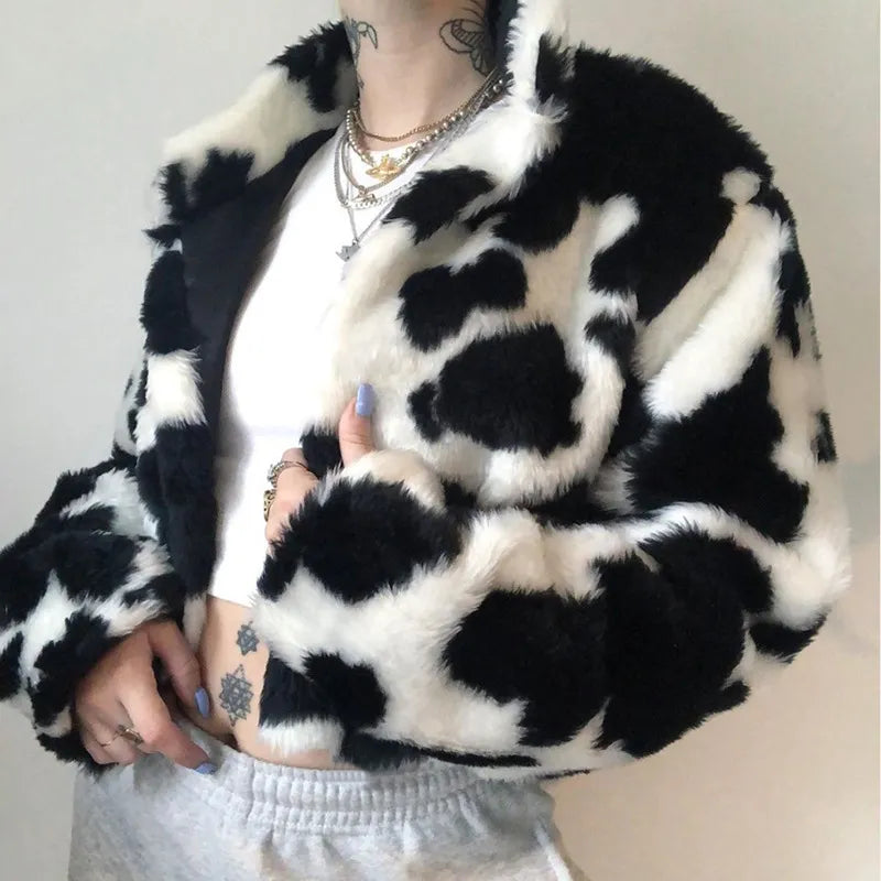 Kawaii Cow Print Faux Furry Cropped Coat