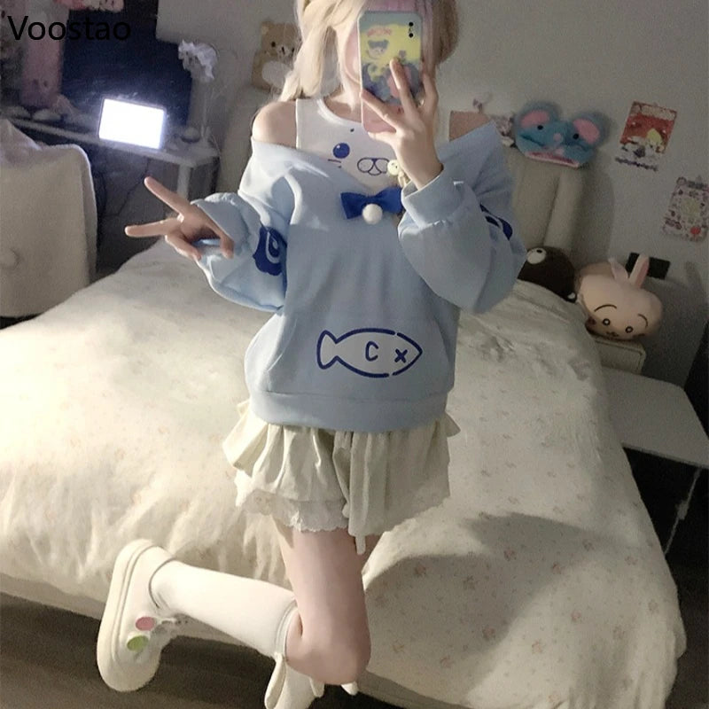 Kawaii Blue Seal Two Piece off Shoulder Hoodie with woman taking selfie 