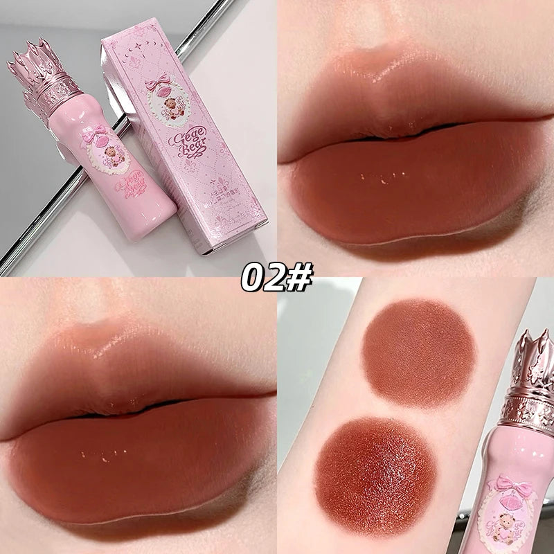lip gloss with packaging, applied on lips and swatched on skin