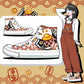 A pair of high-top sneakers with a Japanese koi fish and wave pattern, shown alongside an illustrated character wearing matching shoes. The background features a warm beige tone with red wave motifs.