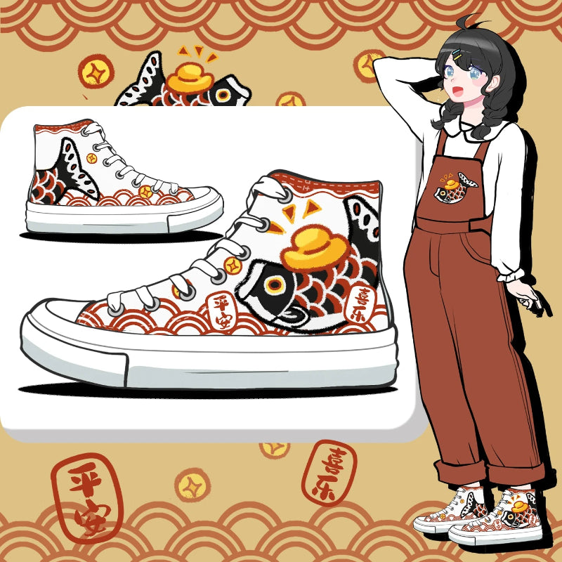 A pair of high-top sneakers with a Japanese koi fish and wave pattern, shown alongside an illustrated character wearing matching shoes. The background features a warm beige tone with red wave motifs.