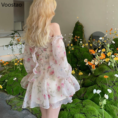 Kawaii Floral Off-Shoulder Chiffon Dress