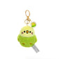 kawaii yellow and green bird plushie keychain on a white background