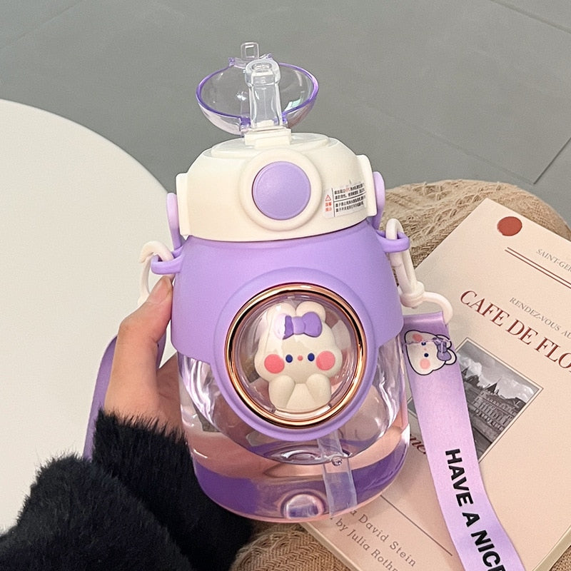 Kawaii Animal Water Bottle With Lid and Straw