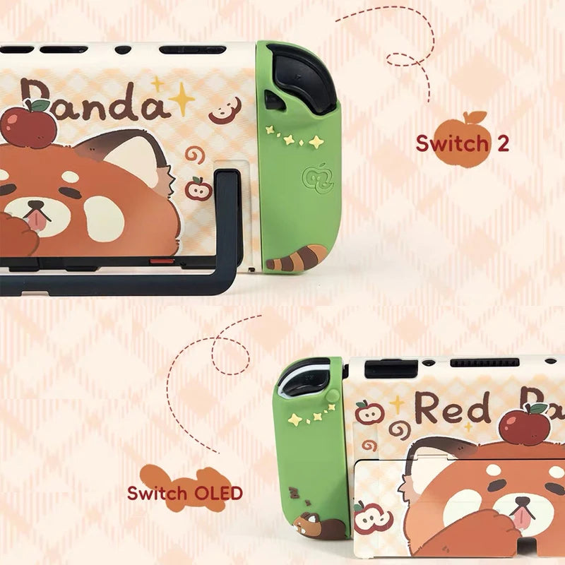 Two cute panda-themed Nintendo Switch cases on a light pink background