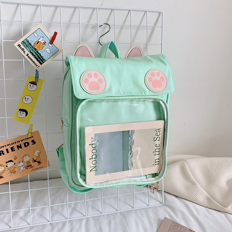 Kawaii Clear Pocket Cat Backpack in Green