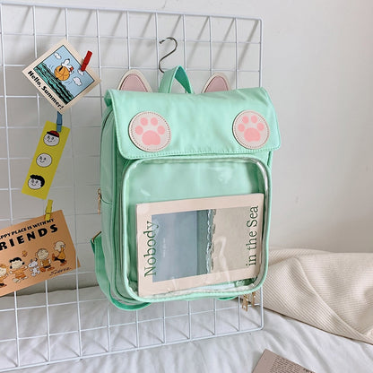 Kawaii Clear Pocket Cat Backpack in Green