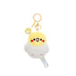 kawaii yellow and white bird plushie keychain on a white background