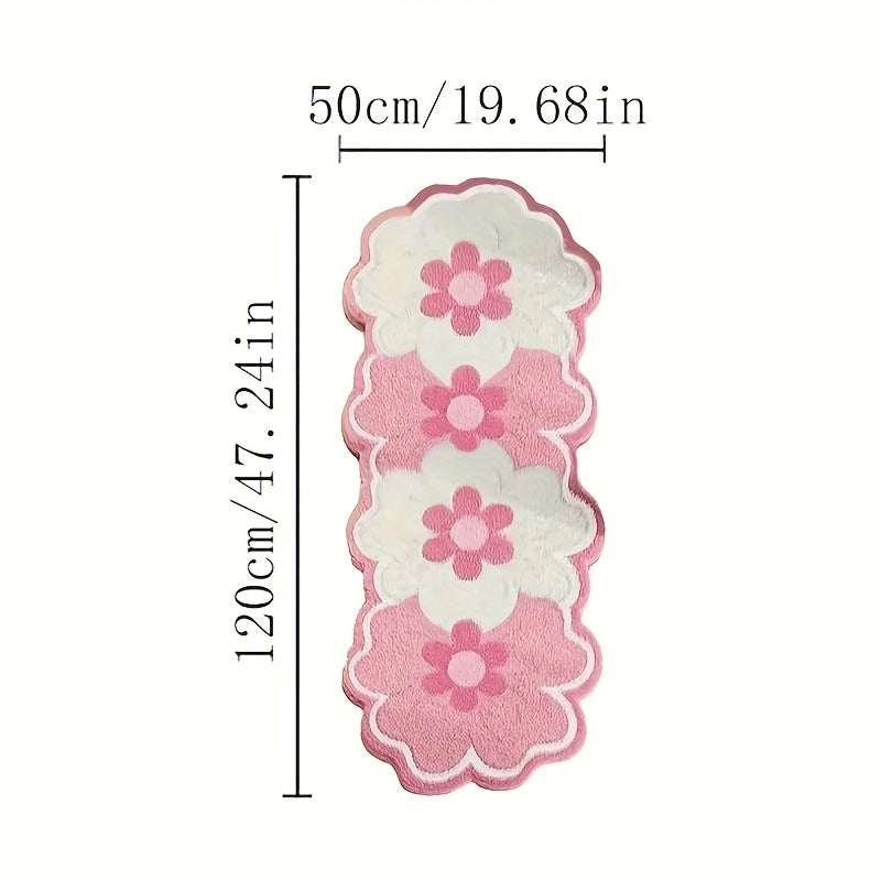 Pink and white floral bath mat shown with dimension lines indicating a height of 120cm (47.24in) and a width of 50cm (19.