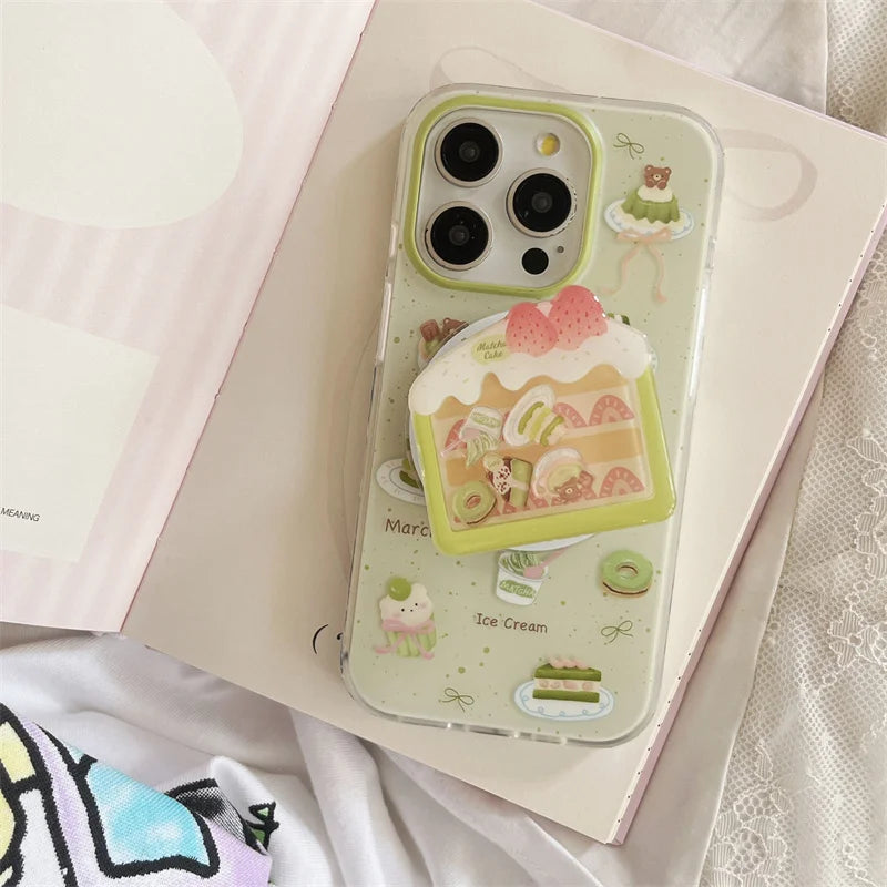 Kawaii Matcha Cake Phone Grip, this displays the set that has a case and grip together.