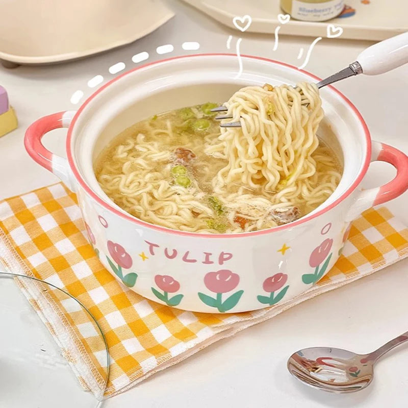 Kawaii pink Flower Ramen Bowl on napkin with cooked ramen