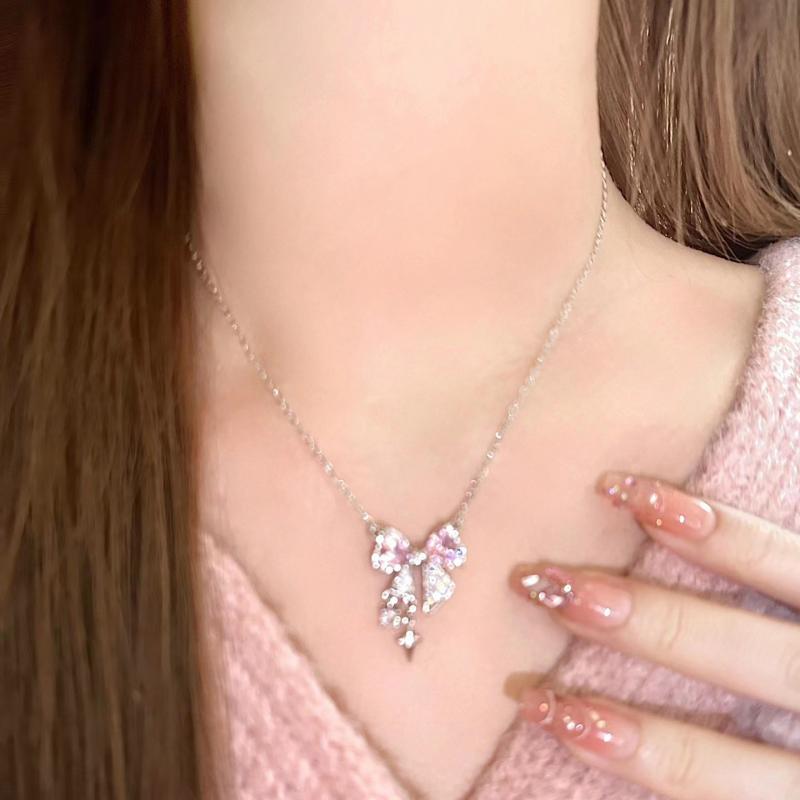Model Wearing Kawaii Pink Bow Pendant Necklace