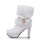 White boot with fur and bow detail on a white background