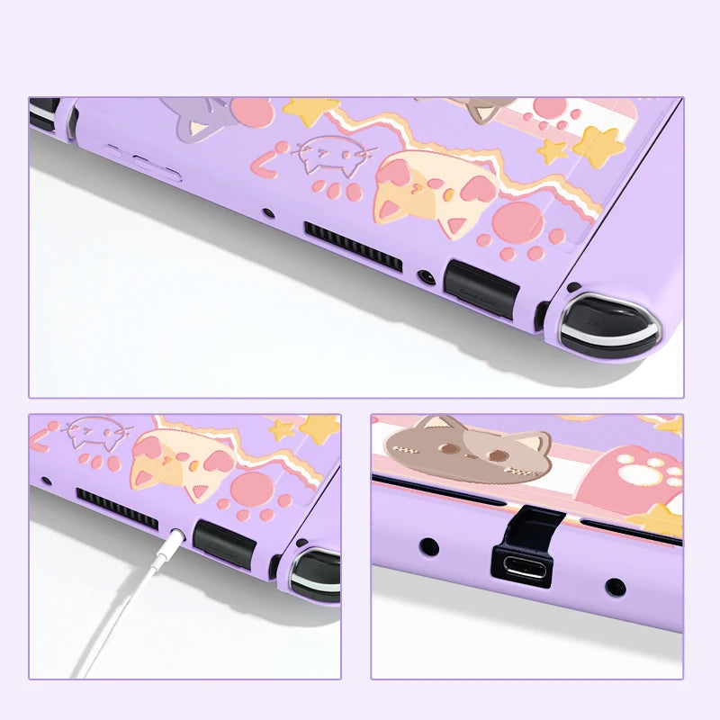 Purple phone case with cute animal designs on a white background