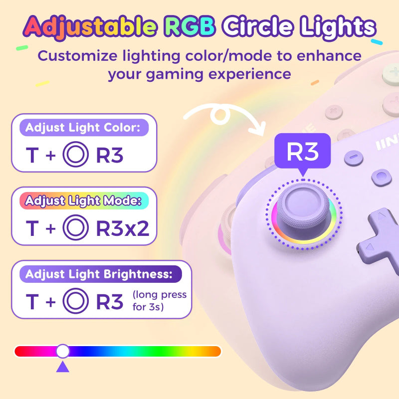 Gaming controller with RGB circle lights and instructions on how to adjust light color, mode, and brightness.