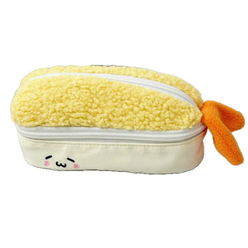 Kawaii yellow tempura shrimp plush pencil case on a white background