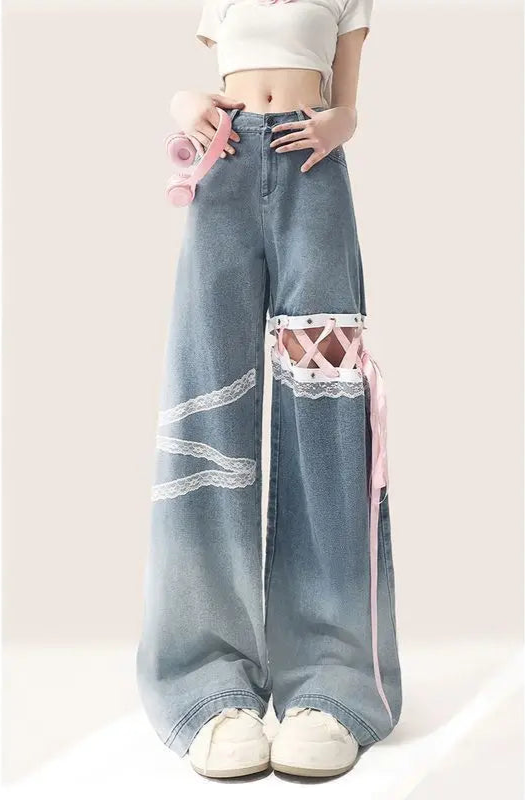 Kawaii Lace Cut Design Jeans